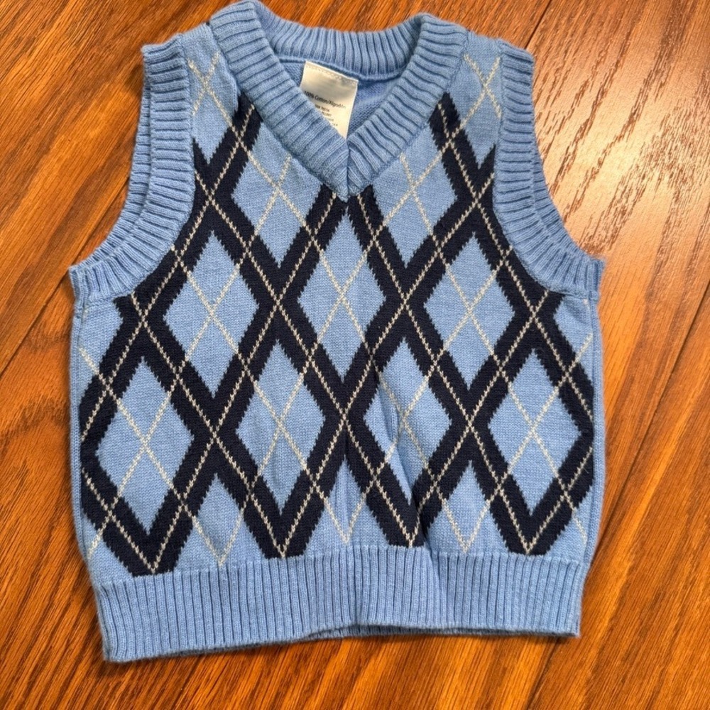 Baby Boy Argyle Knit Sweater Vest Blue 0-3M Cotton V-Neck GNBB41604